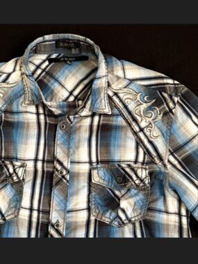 CJ Black Mens Western Shirt Large Blue/Black Plaid Slim Fit Embroidered